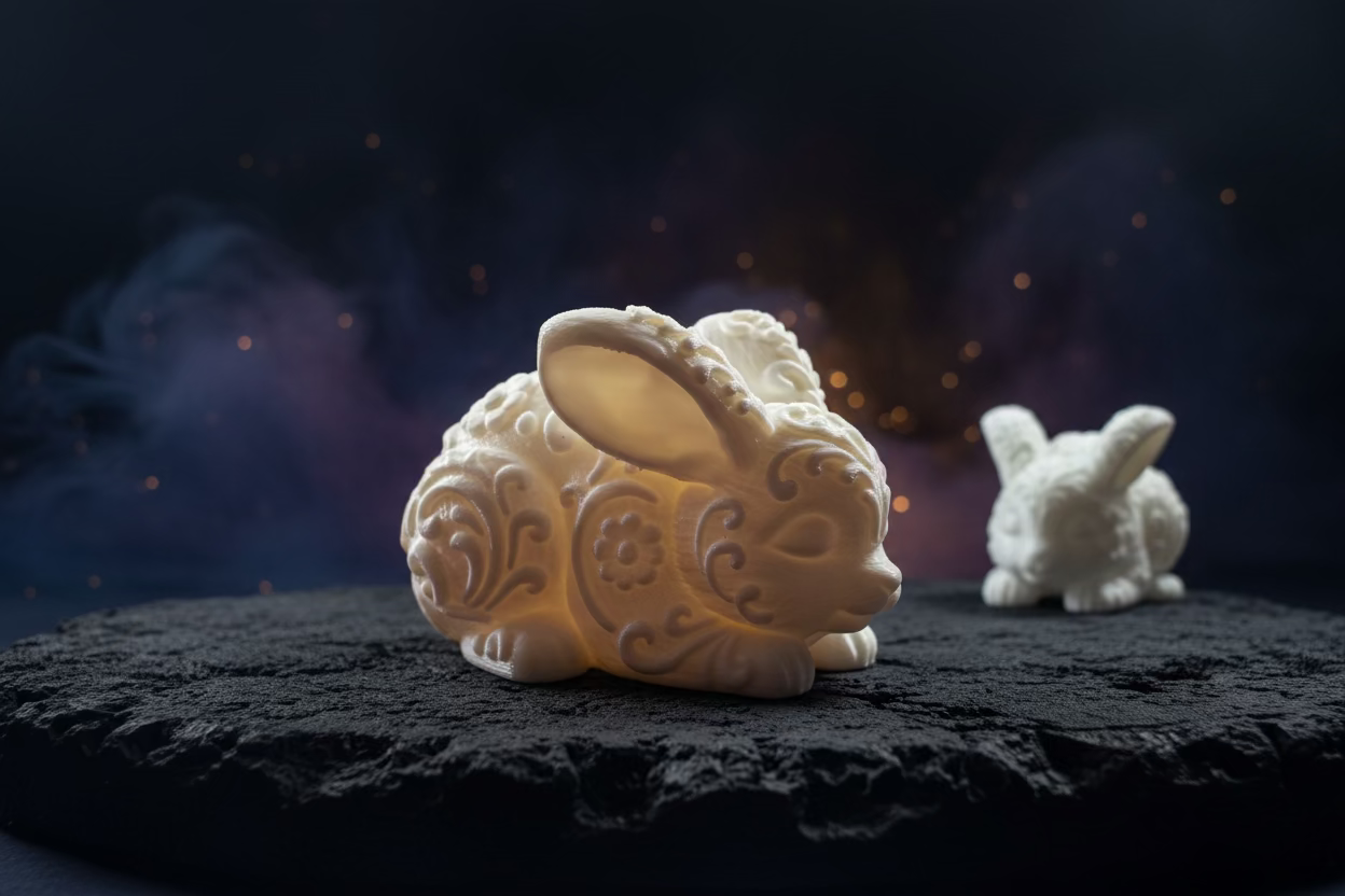 Hellbeiges Hasen-Ornament mit Relief, 3D-Dekohase von vorn