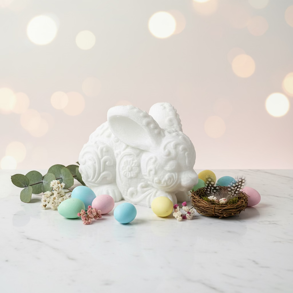 Cremefarbenes Hasen-Ornament mit Reliefstruktur, 3D-Dekohase von der Seite