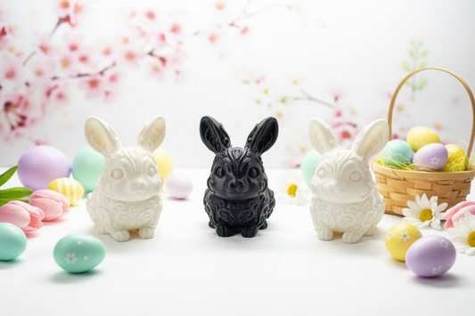 Osterhasen-Ornament-Set: beiger und schwarzer Hase neben Osterkörbchen mit Eiern