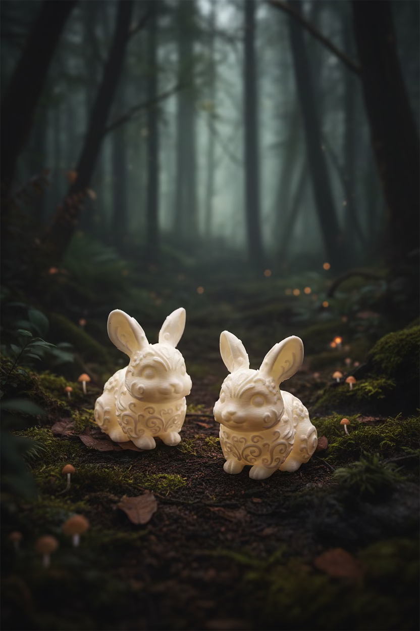 Osterhasen-Ornament, zwei beigetöne Hasen mit Reliefverzierung auf dunklem Untergrund