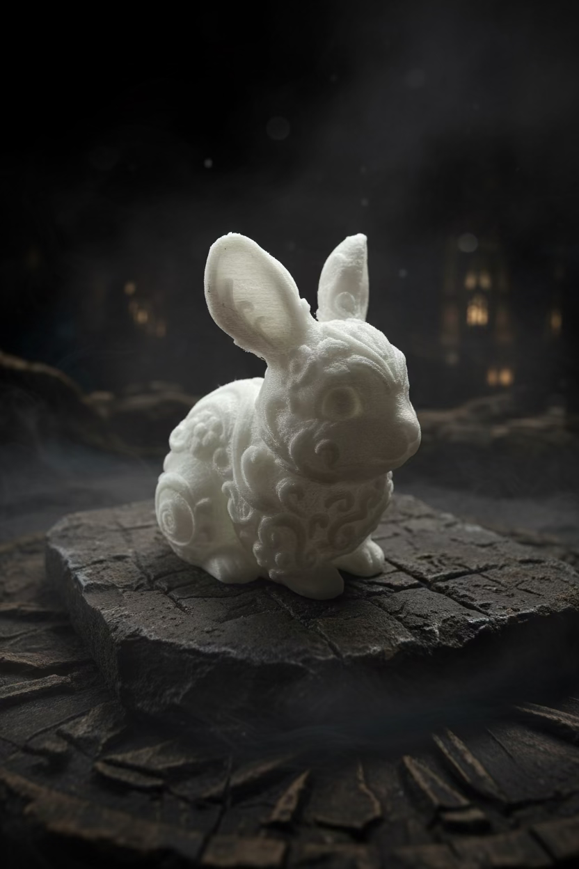 Osterhasen-Ornament, weißer Hase mit Reliefornamenten und ausgearbeiteter Gesichtspartie