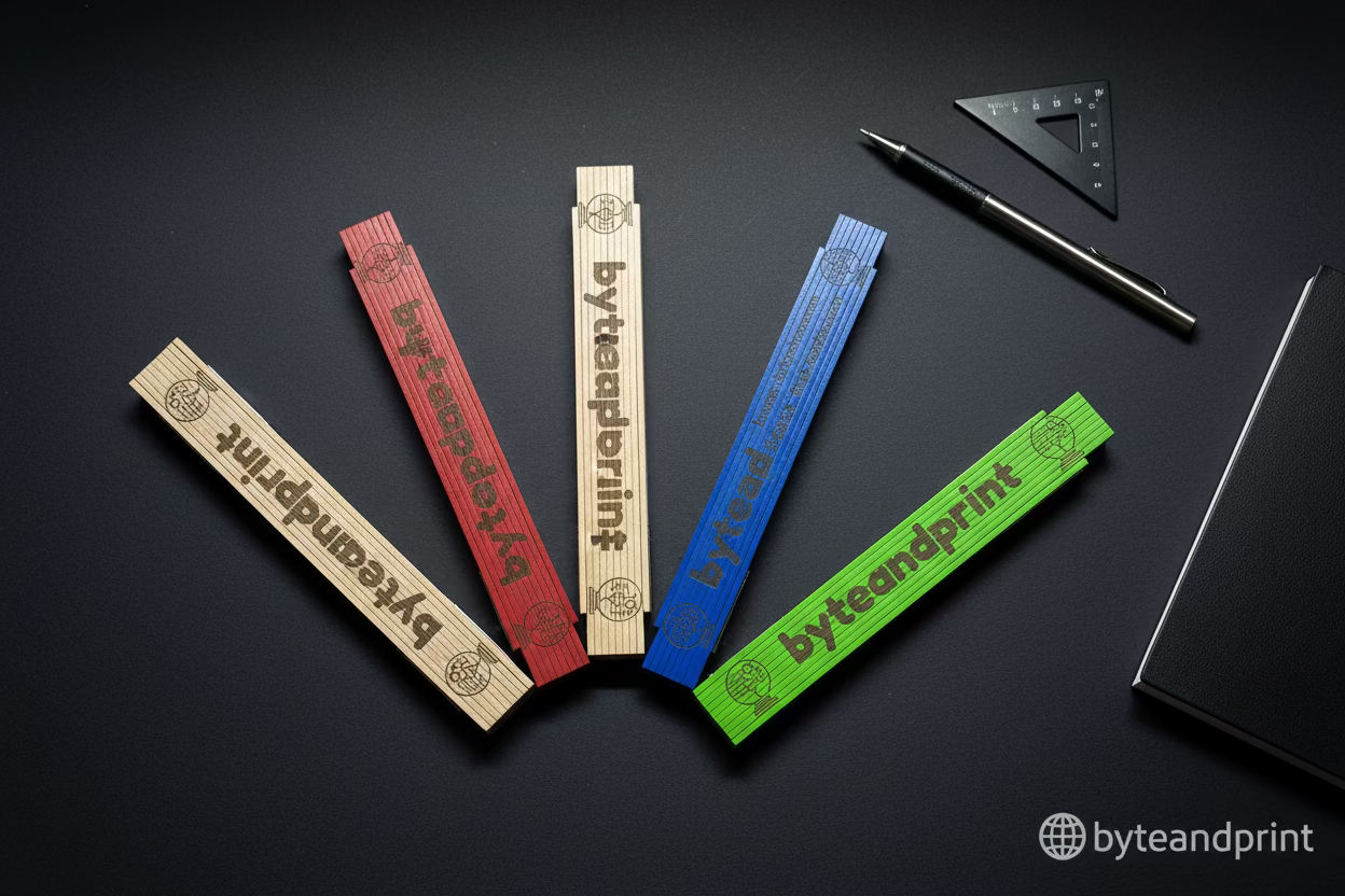 Personalisierter Holz-Zollstock mit Lasergravur, rot-blau-grün, byteandprint.de