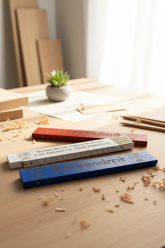 Holz-Zollstock mit Lasergravur, blau und rot, byteandprint.de Beschriftung
