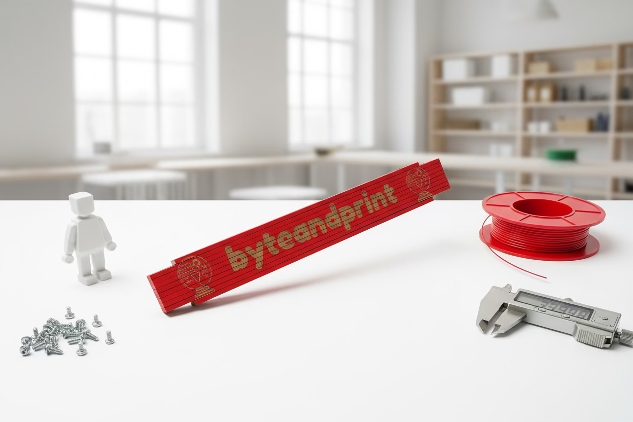 Holz-Zollstock mit Lasergravur, rot, byteandprint.de Schriftzug auf Maßband