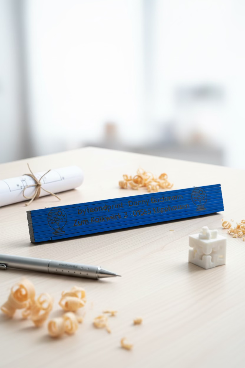 Holz-Zollstock mit Lasergravur, blau, byteandprint.de und Textzeile