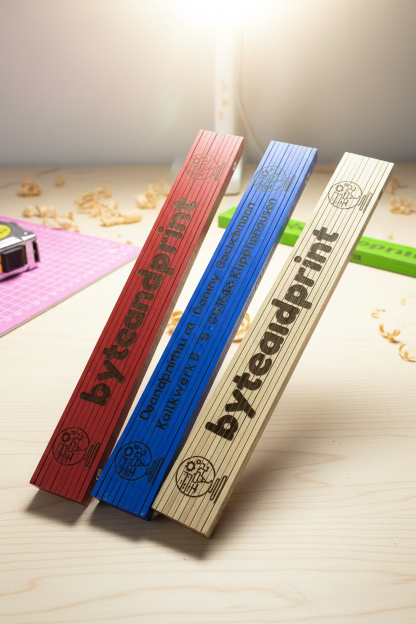 Set Holz-Zollstöcke mit Lasergravur, rosa, blau, beige und grün, byteandprint.de
