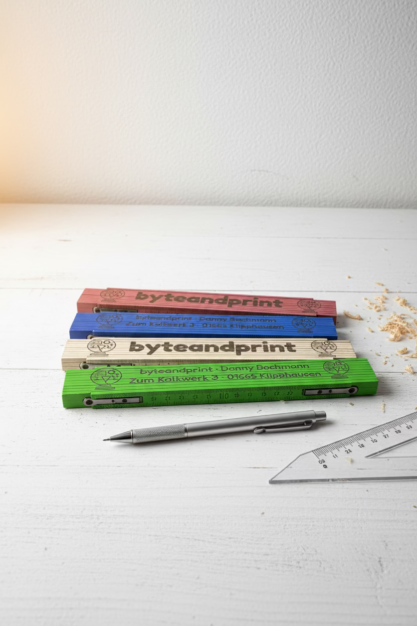 Holz-Zollstöcke mit Lasergravur, gestapelt in braun, blau, grün, byteandprint.de