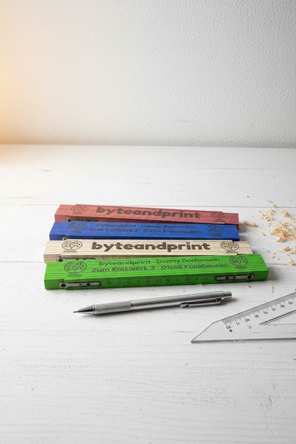 Holz-Zollstöcke mit Lasergravur, gestapelt in braun, blau, grün, byteandprint.de