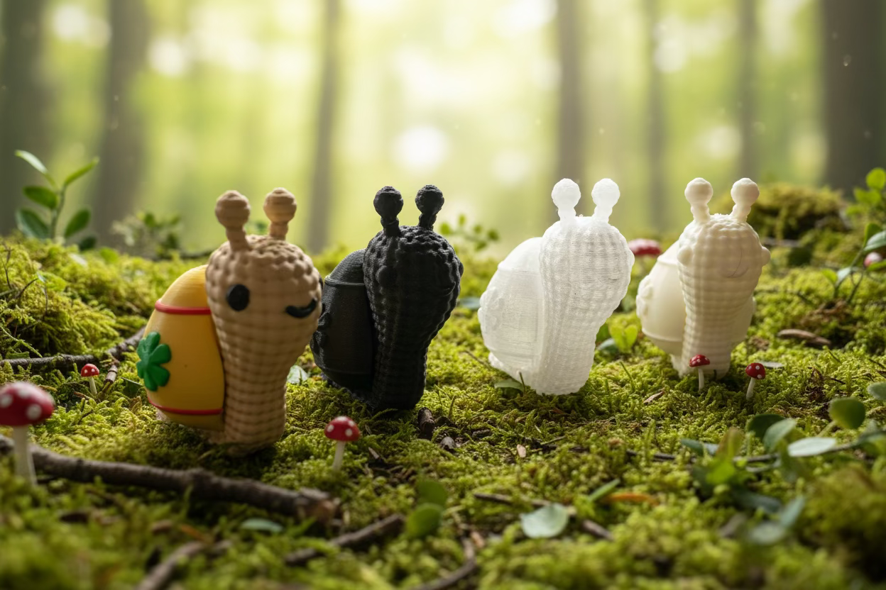 Strick- Schneckenfiguren in Beige, Schwarz und Weiß mit Antennen und Augen
