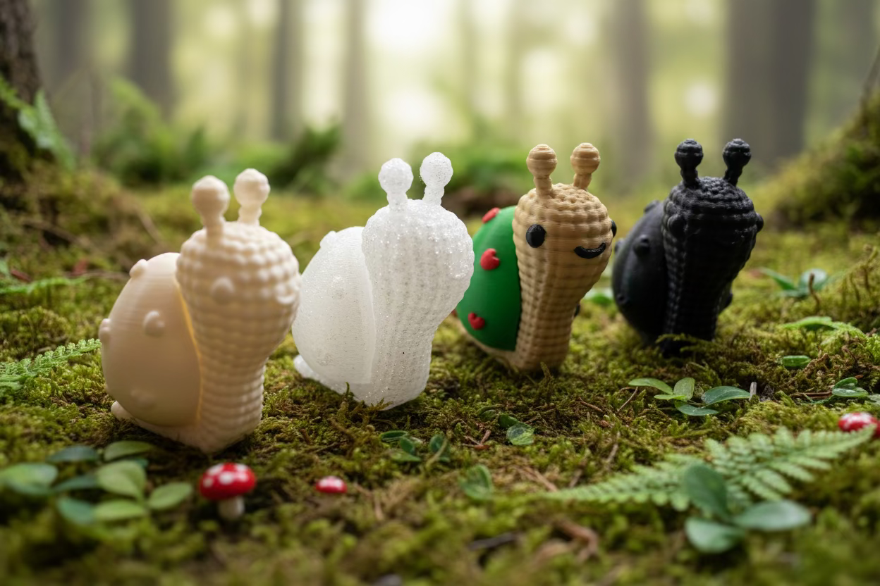 Strick-Schneckenfiguren in Creme, Grün und Schwarz mit Augen im Moos
