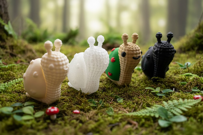 Strick-Schneckenfiguren in Creme, Grün und Schwarz mit Augen im Moos