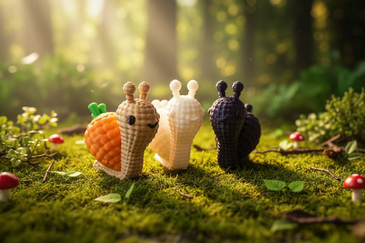 Strick-Schneckenfigur, orange-weiße und dunkle Schnecke auf Moos