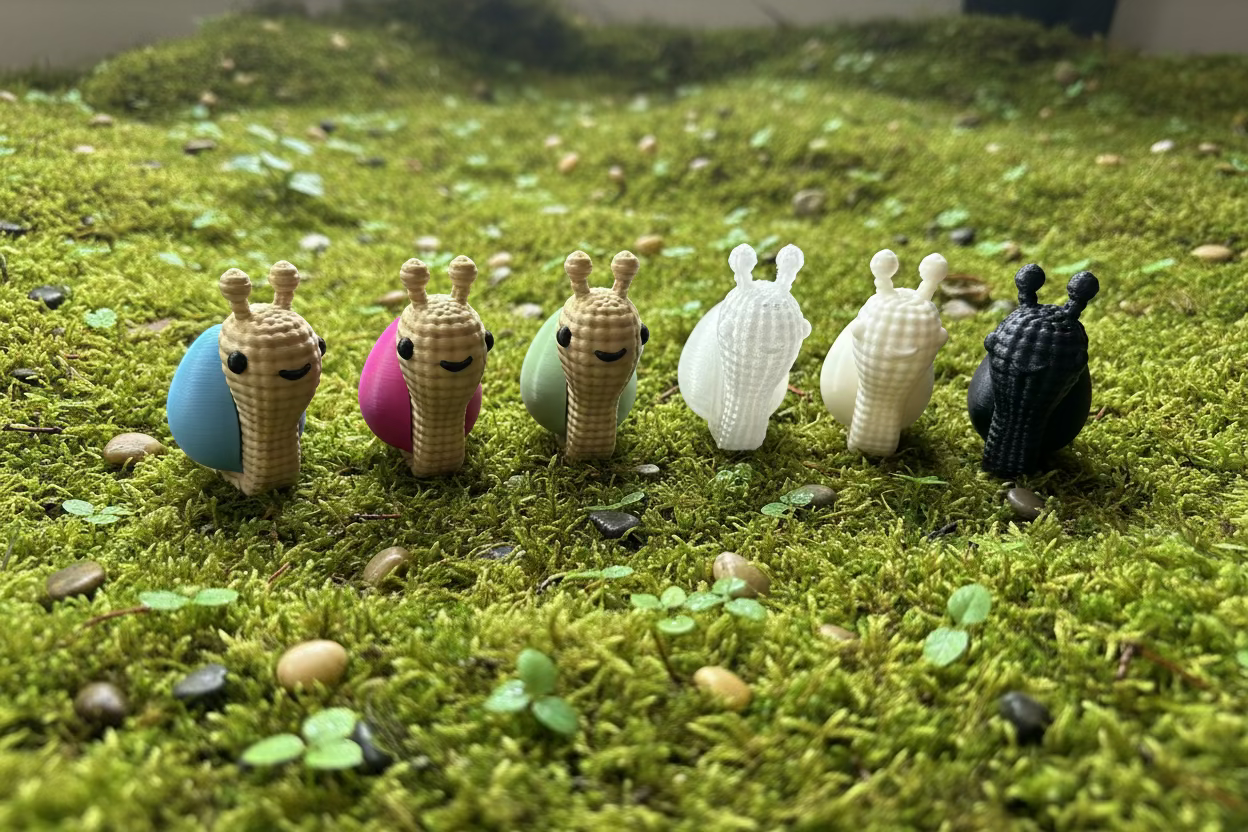 Strick-Schneckenfigur auf Rasen: mehrere beige, eine weiße und eine schwarze Schnecke