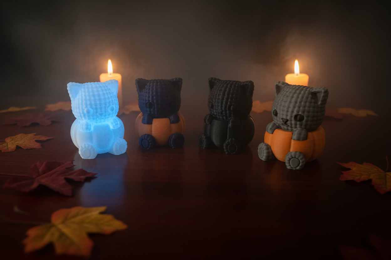 Gestrickte Katzenfiguren im Kürbis-Design, blau, dunkelgrau und weiß, orangefarbene Kürbisse