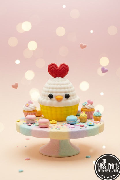 Hähnchen-Ei-Figur im Stricklook auf Tortenständer, mit roten Häubchen und bunten Mini-Desserts