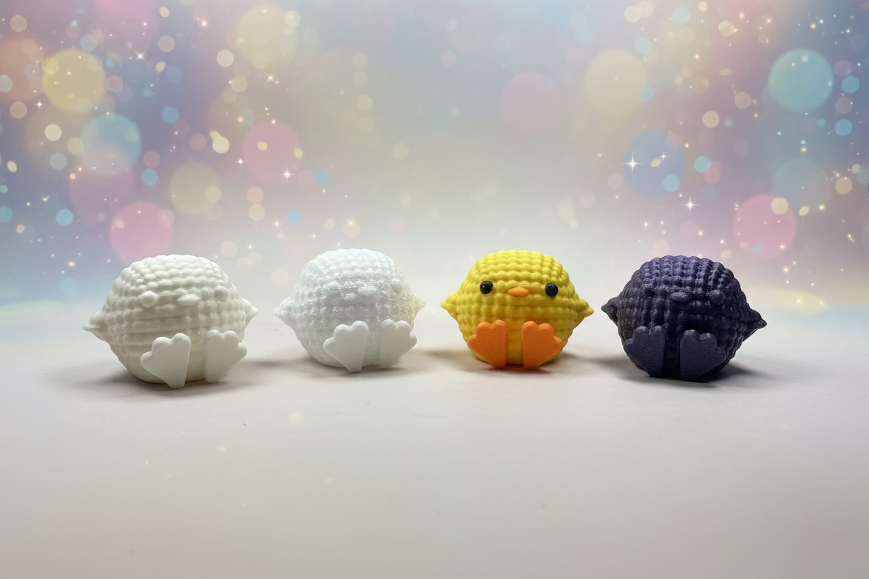 Stricklook-Küken im Ei, Farben: weiß, gelb und dunkelblau (mehrere Figuren)