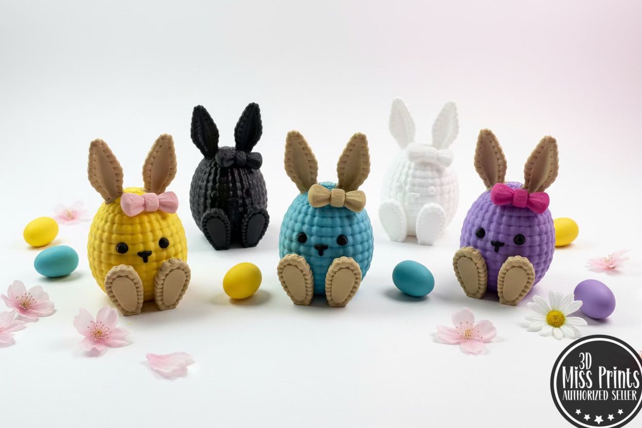 Strick-Hase im Ei-Design, fünf 3D-Osterhasen in Gelb, Schwarz, Hellblau, Weiß, Violett