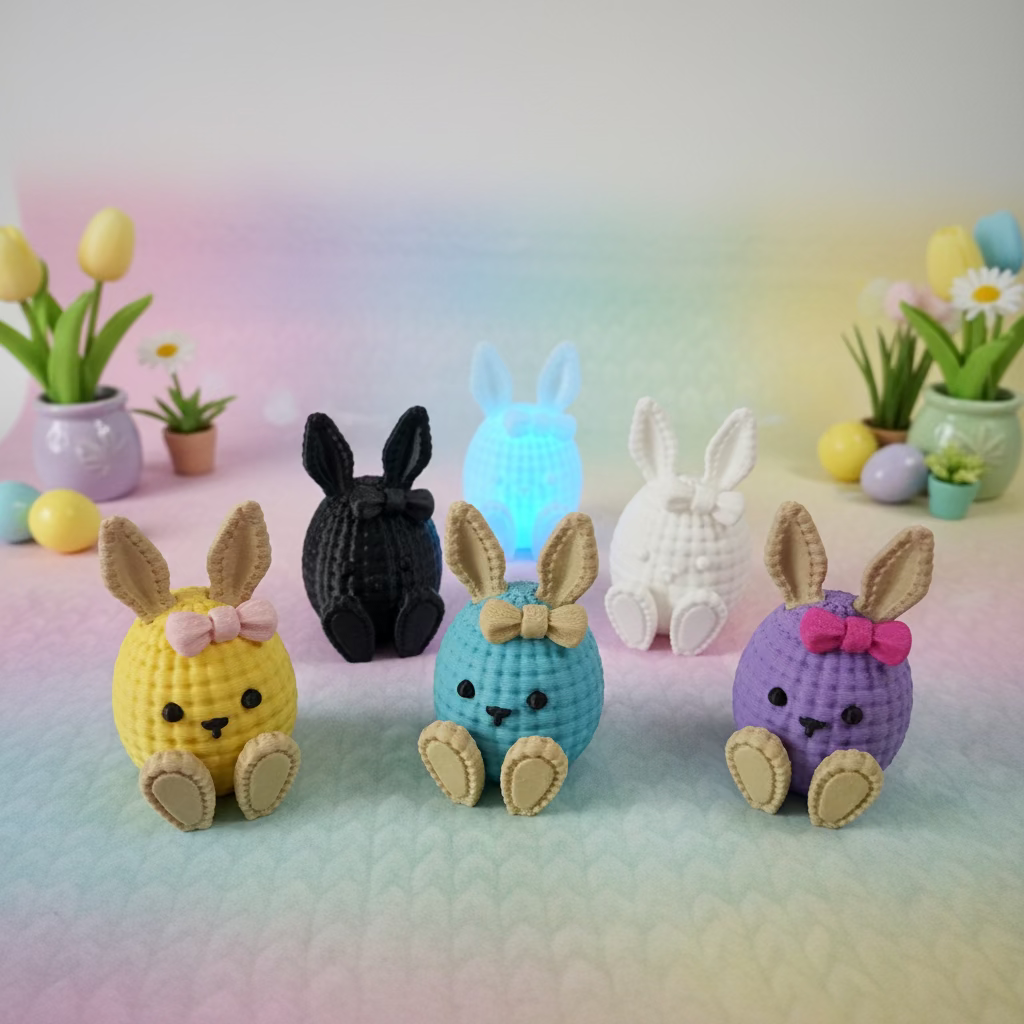 Gestrickter Hase im Ei-Design, 3D-Osterhase-Set in Schwarz, Blau, Weiß, Gelb und Violett
