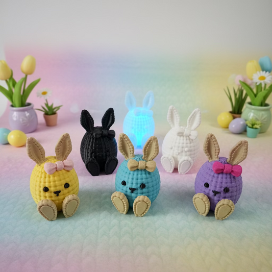 Gestrickter Hase im Ei-Design, 3D-Osterhase-Set in Schwarz, Blau, Weiß, Gelb und Violett
