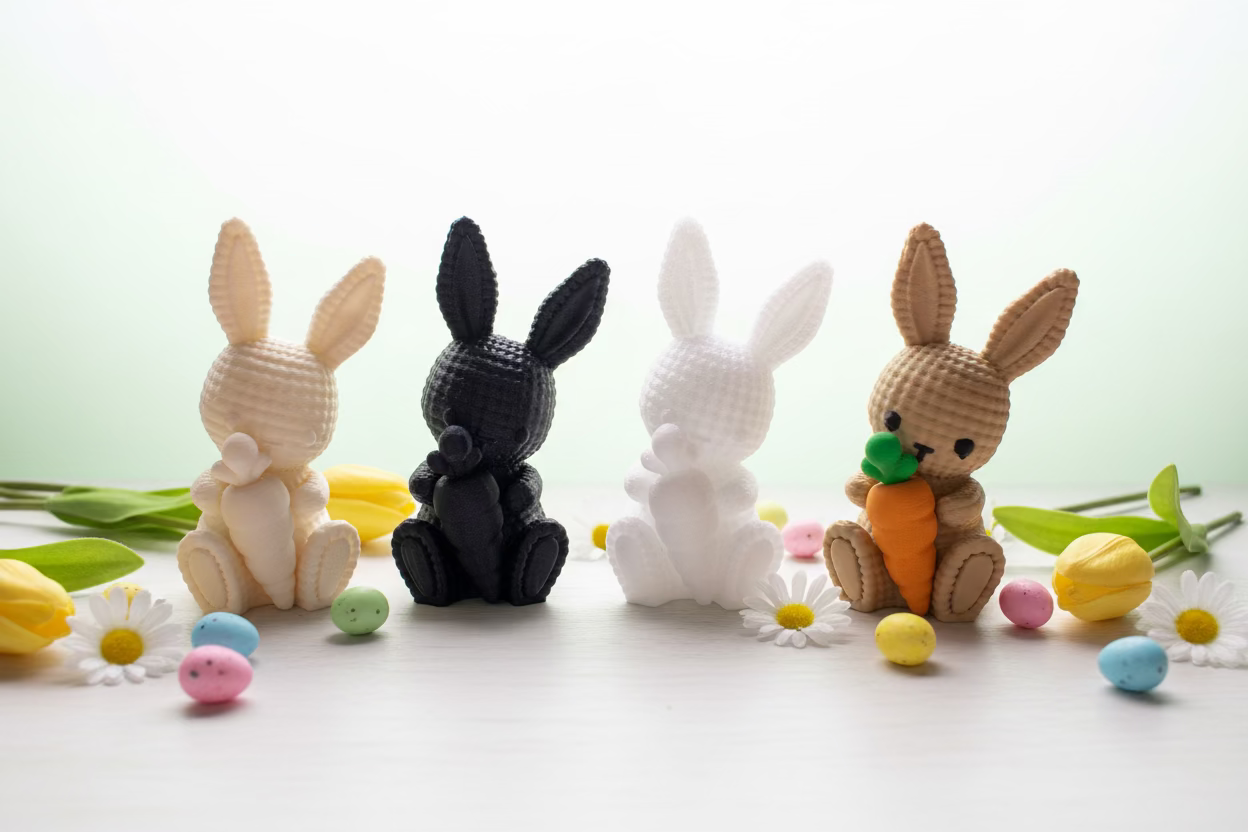 Mehrere Strickhasen-Figuren: helles, dunkles und weißes Häschen mit bunten Ostereiern
