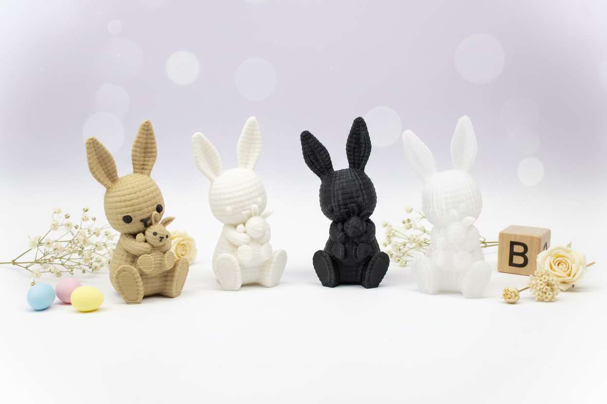 Strickhasen-Figuren in Beige, Weiß und Schwarz, mit kleinen Deko-Osterelementen