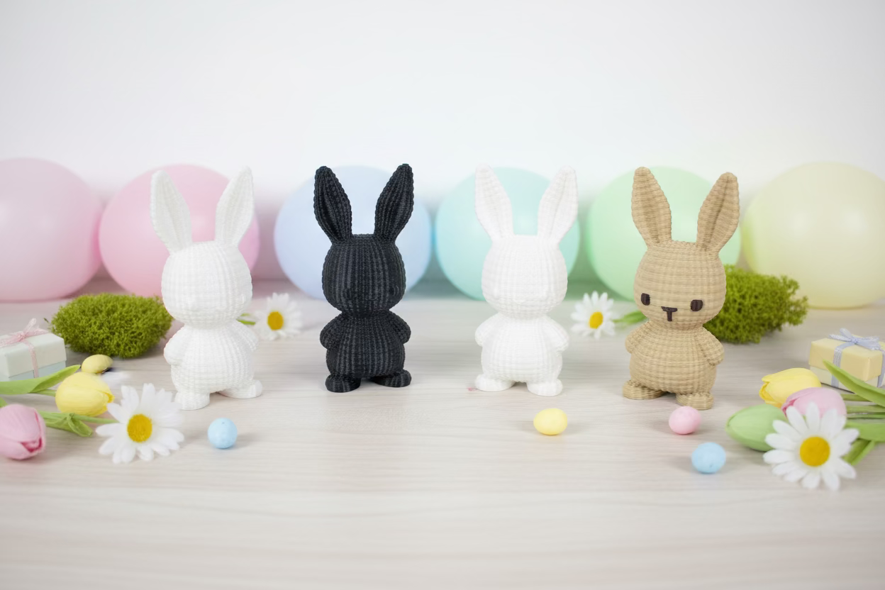 Strickhasen-Figuren in Weiß, Dunkel, Mint und Beige mit bunten Ostereiern