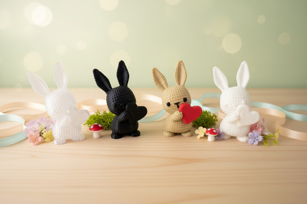 Gestrickte Hasenfiguren im Stricklook, mehrere Farben, eine Figur mit rotem Herz.