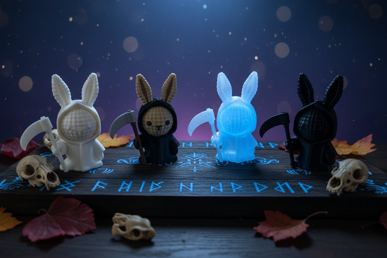 Hasenfiguren im Stricklook, 3D, leuchtend in blau und weiß