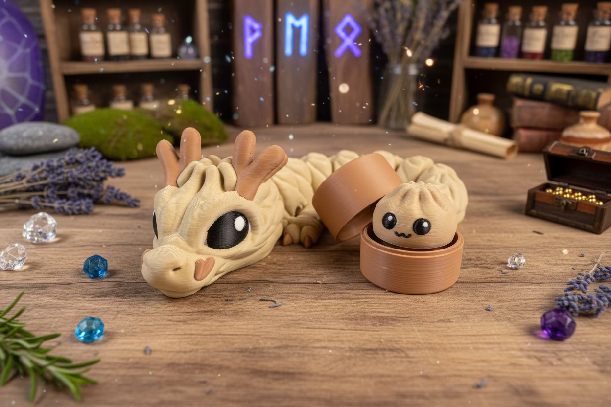 Beiger Babydrache im Dumpling-Design, neben braunem Becher mit lachender Miene