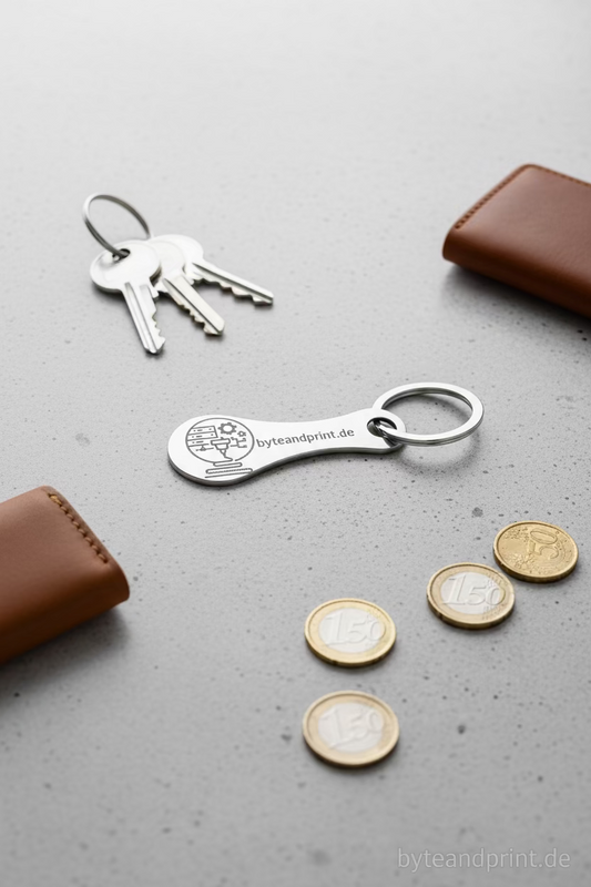 Einkaufswagenchip aus Edelstahl mit Gravur, rund, am Schlüsselring mit Schlüsselanhänger