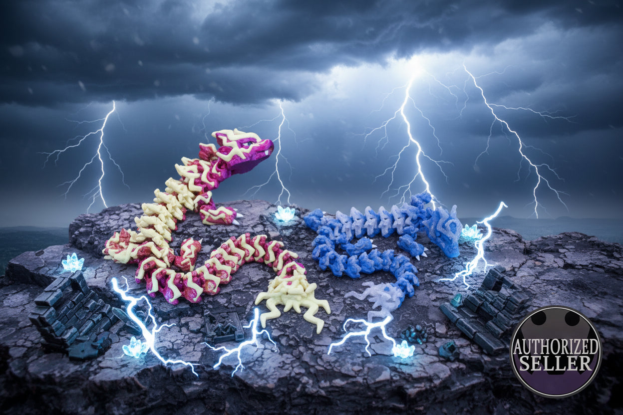 3D-Element-Drache in Blau, Rot und Violett, schuppenartig, auf Felsen