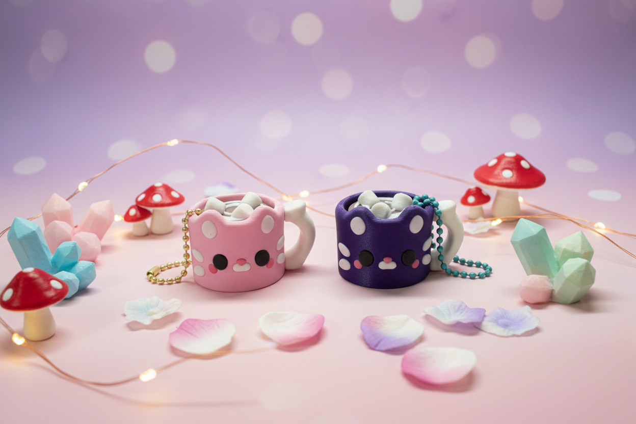 Katze geformte Trinkbecher (Kitty Mug Klicker), rosa und dunkelblau mit kleinen Pfotenapplikationen