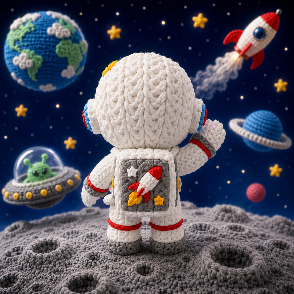 Gestrickte Astronautenfigur Junge von hinten im weißen Strickraumanzug mit Rucksackstern