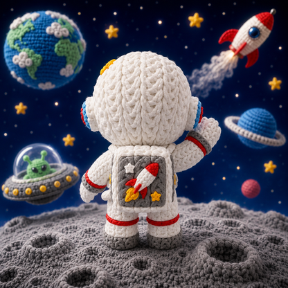 Gestrickte Astronautenfigur Junge von hinten im weißen Strickraumanzug mit Rucksackstern