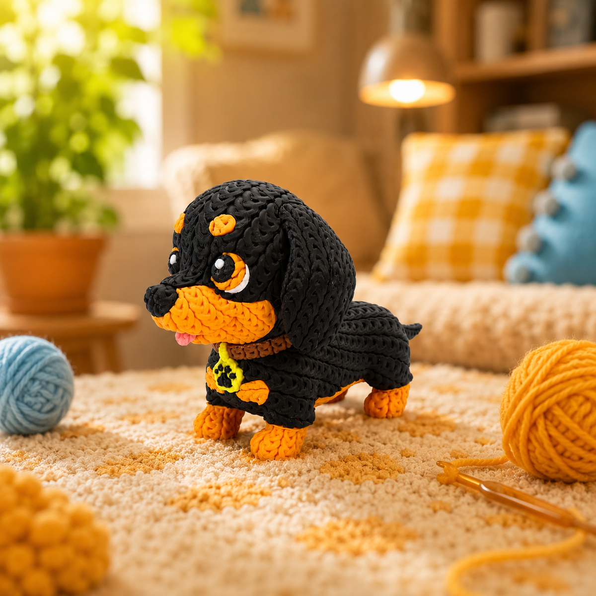Gestrickte Dackel-Figur, schwarz mit orangefarbenem Gesicht; Frontansicht