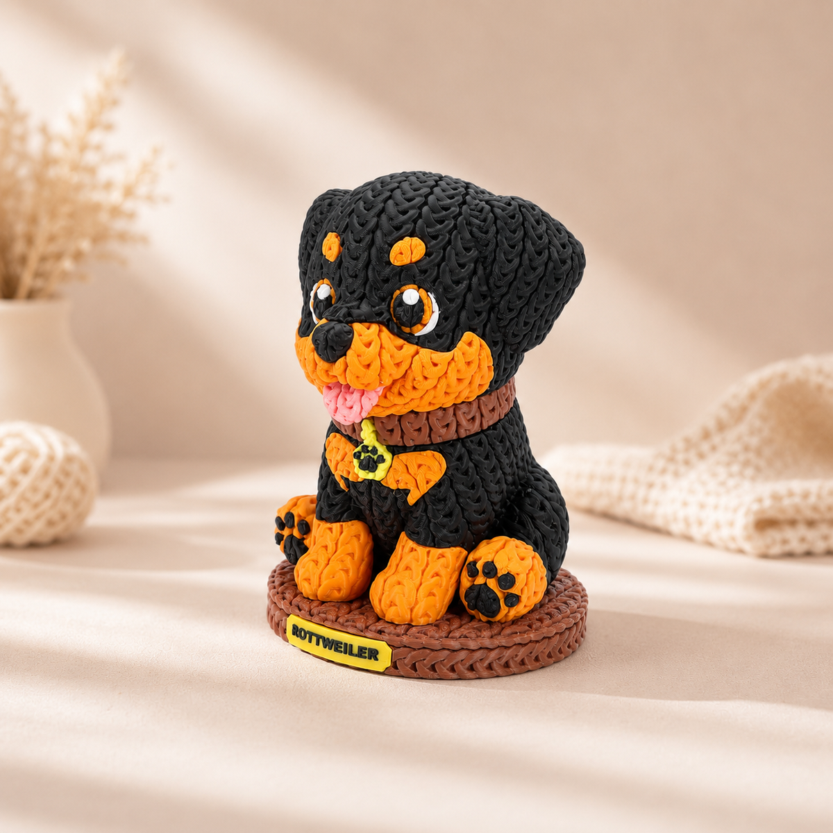 Gestrickte Hundefigur im Vorderansicht, schwarze Mütze mit orangefarbenen Details, auf Untersetzer.