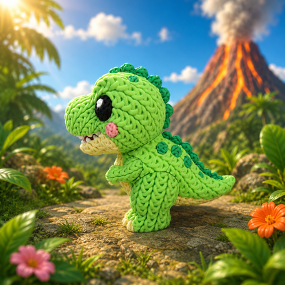 Grüne T-Rex-Babydino-Figur aus Strick, seitlich mit großen Augen und offenem Mund, kleine Arme.