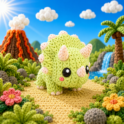Grüne Baby-Triceratops-Strickfigur, 3D-Textur, rosafarbene Ohren und schwarze Augen.