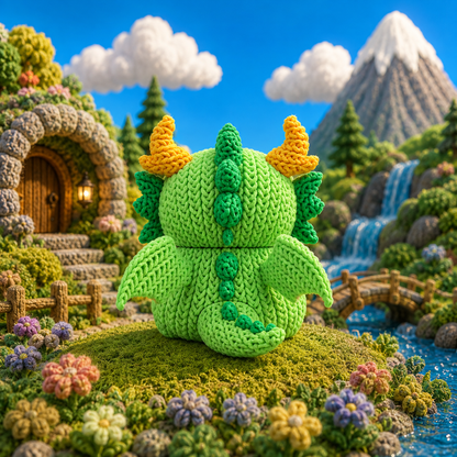 Grüne Drachen-Strickfigur von hinten, mit beigem Bauch und bunten Hörnern
