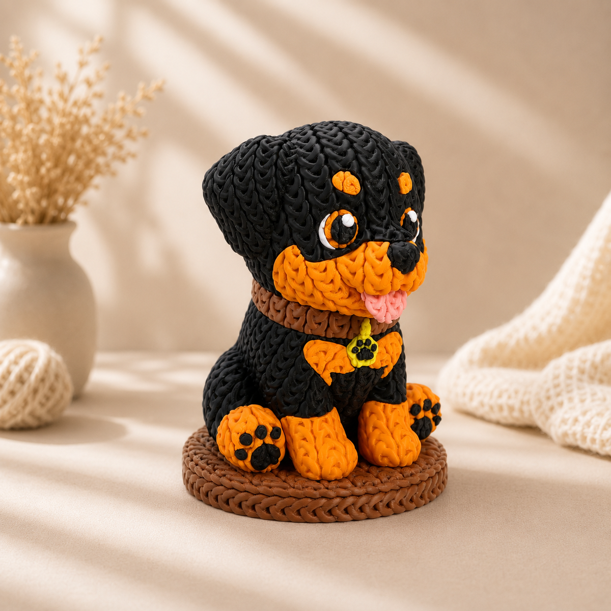 Gestrickte Hundefigur mit orangefarbenen Akzenten im Profil, sitzt auf rundem Untersetzer.