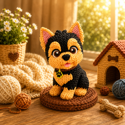 Yorkshire-Terrier Strickfigur, sitzend auf rundem Strickboden, schwarz-gelbes Fell, Zunge sichtbar