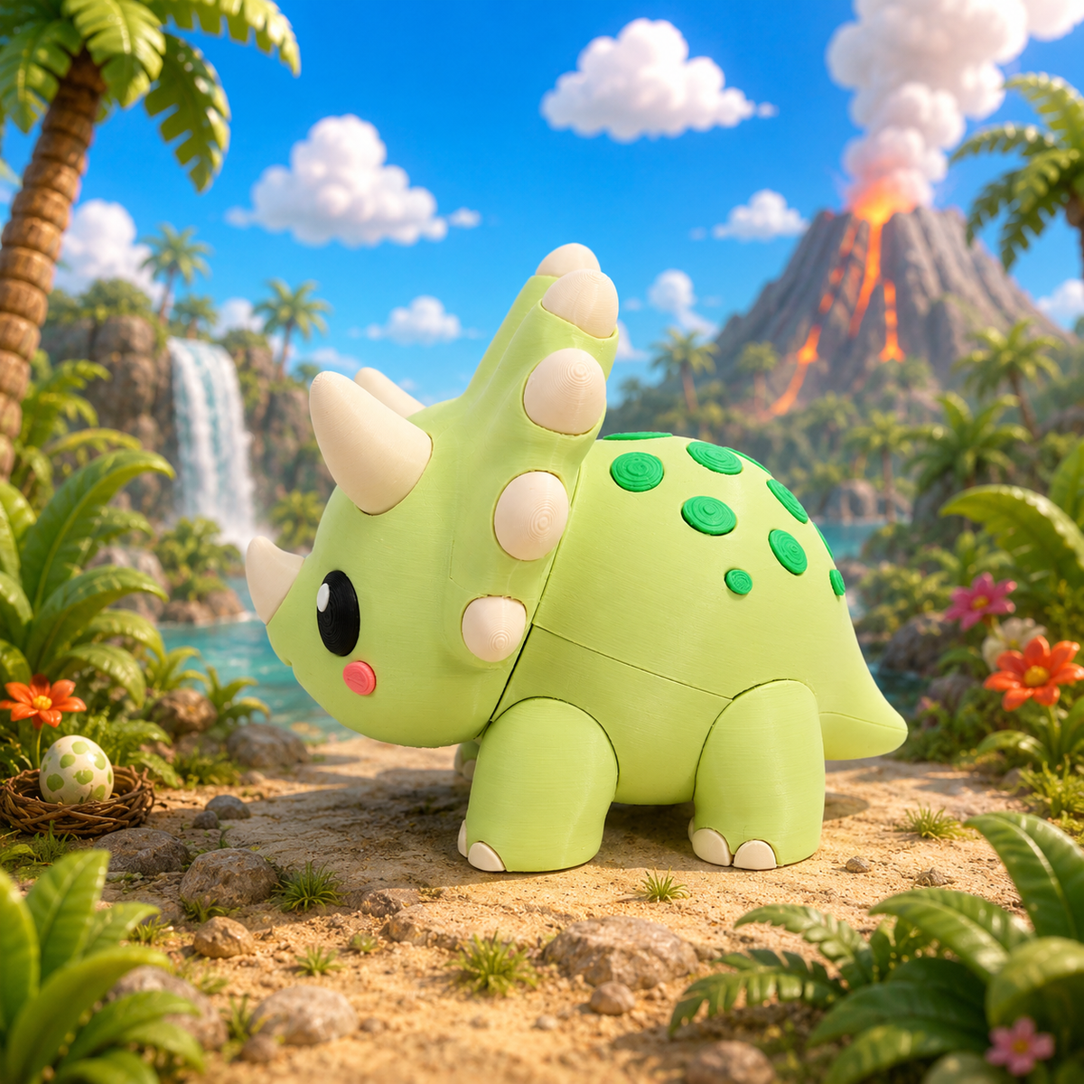 Grüne Baby-Triceratops-Figur mit Strickoptik, 3D-Details und kleinem Hörnerkopf