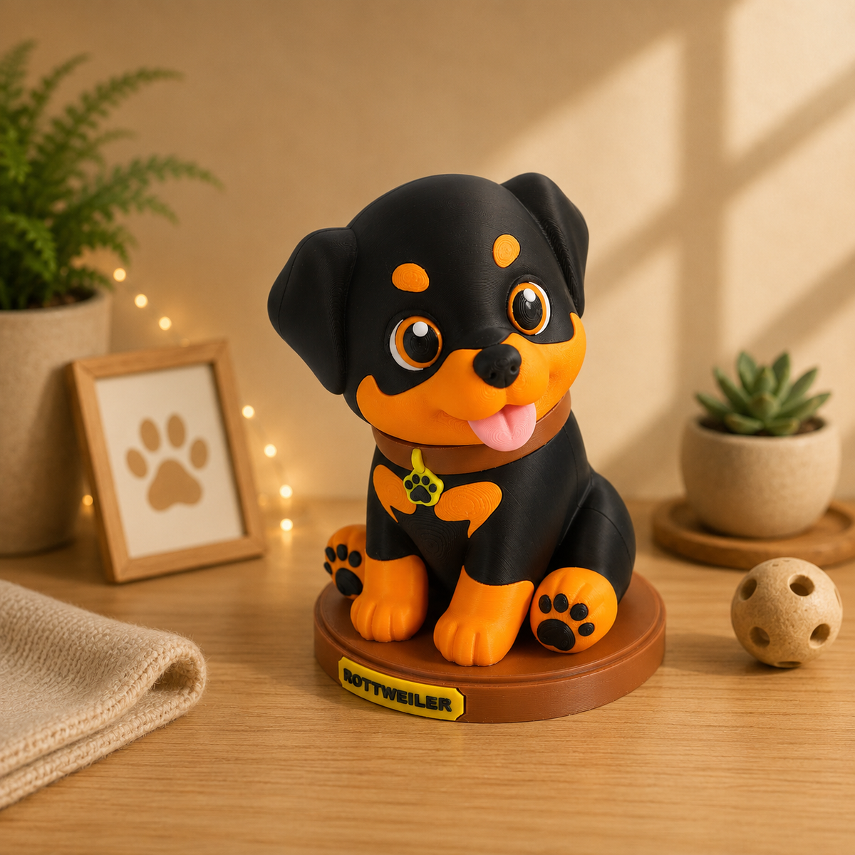 Rottweiler-Dekofigur auf rundem Sockel, schwarzes Design mit orangefarbenen Augenpunkten und Pfoten.