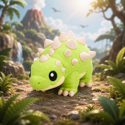 Grüner Ankylosaurus-Plüsch nah aufgenommen, beiger Panzer, dunkle Augen und Pfoten am Boden