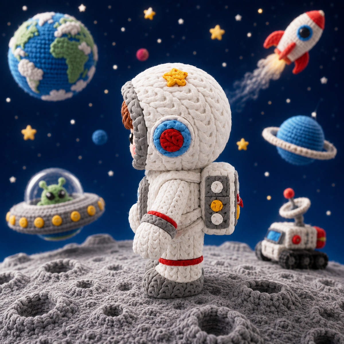Gestrickte Astronautenfigur Junge von hinten im weißen Strickraumanzug mit blauem Rundemblem
