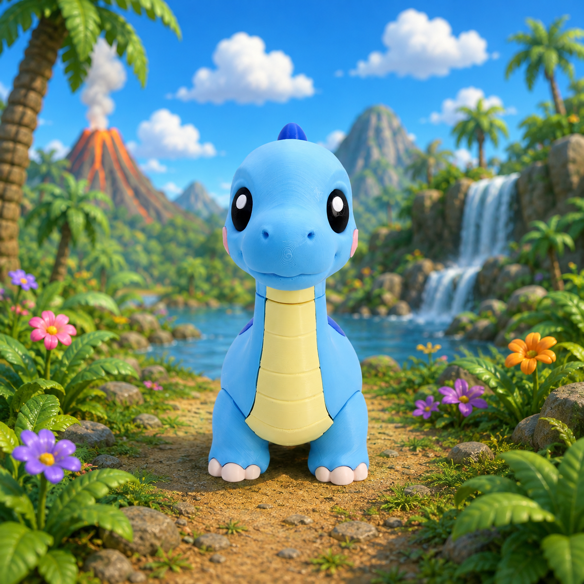 Blauer Baby-Brachiosaurus frontal mit dunklen Punkten, beiger Bauch und große Augen