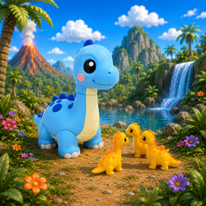 Blauer Baby-Brachiosaurus mit dunklen Punkten, beiger Bauch und drei gelbe Dinofiguren