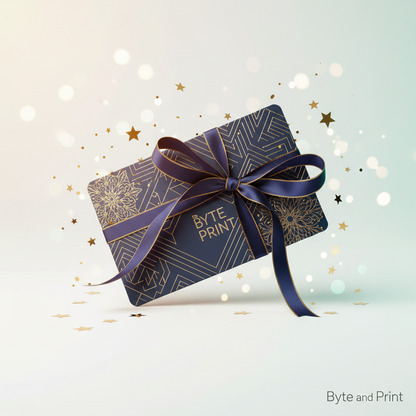 Digitaler Geschenkgutschein mit blauem Umschlag und Satinschleife, Schriftzug Byte Print