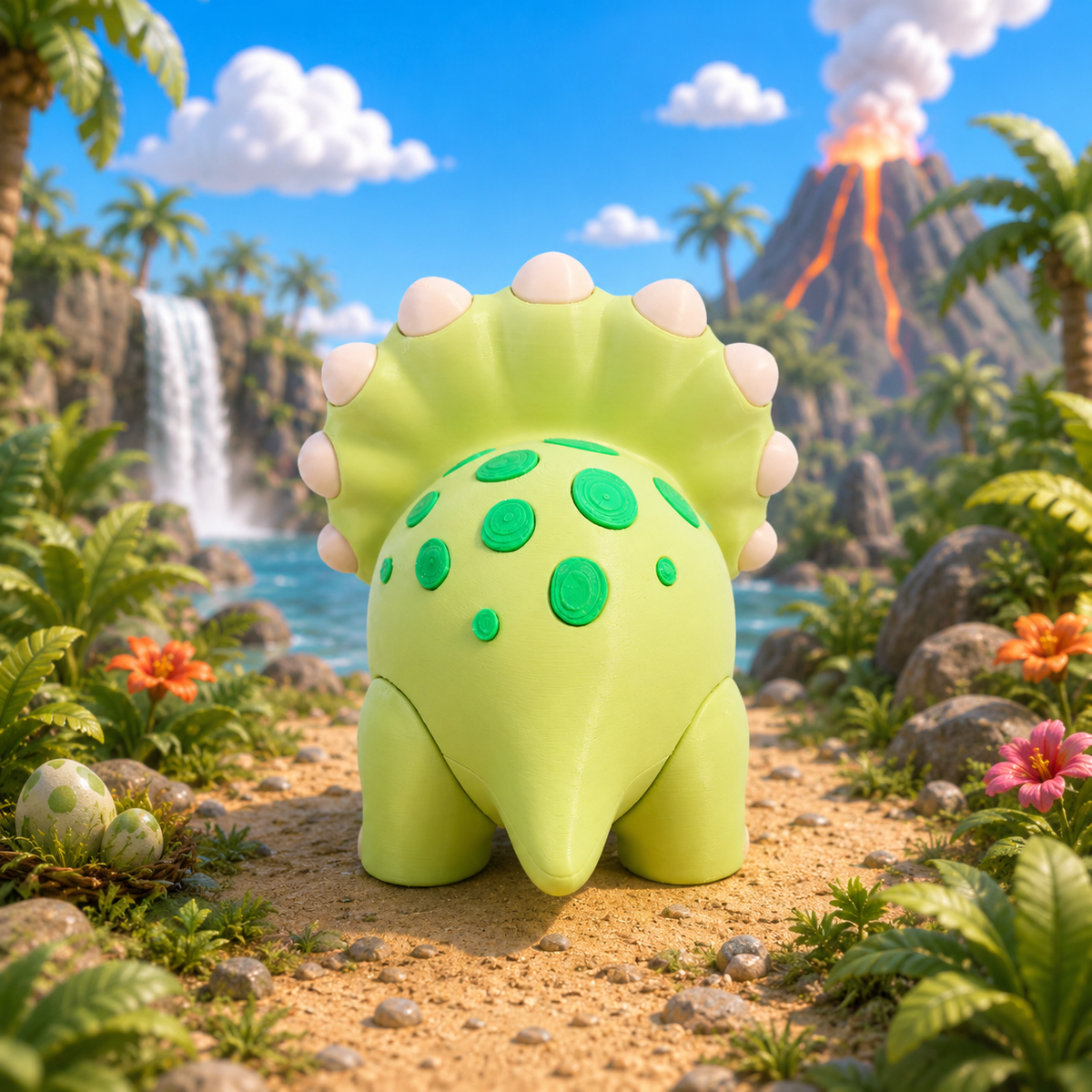 Grüne Baby-Triceratops-Figur von hinten mit Rumpf- und Rückenrundung