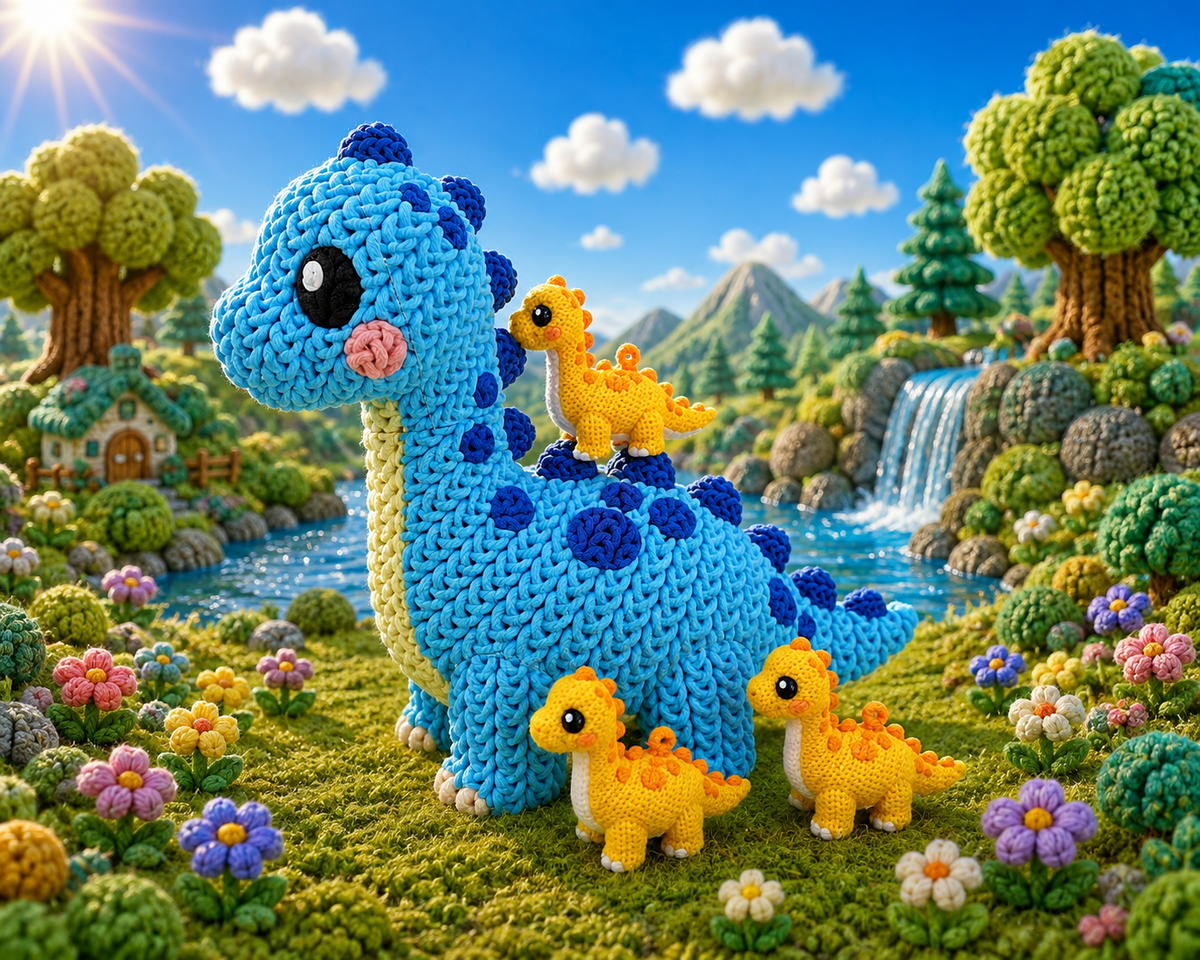 Gestrickte Dinofigur Brachiosaurus in Blau mit gelben Mini-Dinos auf der Wiese